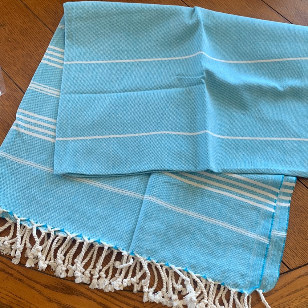 Turkish Turquoise White Striped Oversized Cotton Beach Towel Rope Fringe